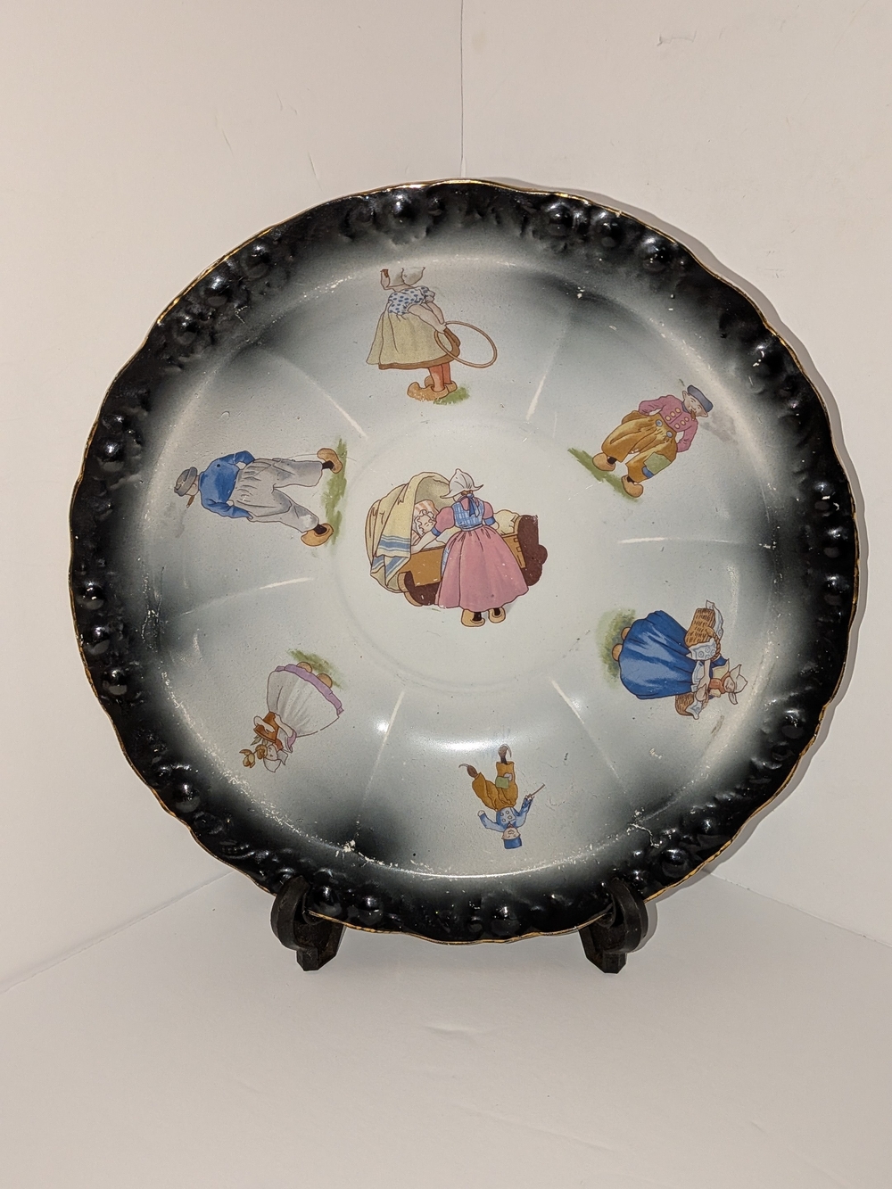 Antique Porcelain SEVRES France Bowl with Dutch Children Scenes 1900-1910, 10" R